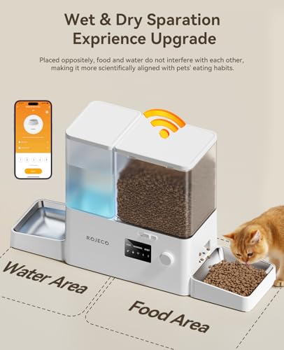 Rojeco 36Cups/8.5L WiFi Automatic Cat Feeder and Gravity Water Dispenser,Stainless Steel Bowls 2-in-1 Large Capacity 5L Food Dispenser with APP and 3.5L Water Fountain for Pets,Dogs,Puppies,Kittens - color: White, size: 8.5L-WiFi