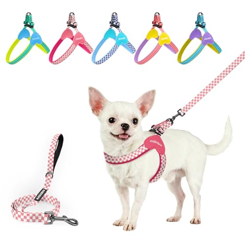 Kazazoo No Pull Small Dog Harness and Leash Set, Adjustable Puppy Soft Vest Harness with Breathable Mesh Padded, Reflective Lightweight Harness with Buckle for Extra Small Medium Dogs, Pink Plaid XS - color: Pink Plaid, size: XS