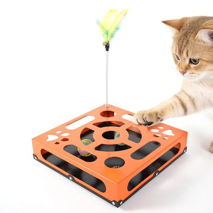2026 New Metal Cat Scratch Puzzle Enrichment Box,cat Puzzle, 1 Spring-Loaded Colorful Feather Stick with a Bell,No Assembly Required, All Cats Indoor Play Toy - color: Hermès Orange