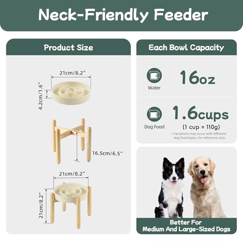 Havniva 8.2” Raised Slow Feeder Dog Bowls, 1.6 Cups Ceramic Dog Bowl Slow Feeding for Medium Breed, Elevated Puzzle Dog Food Bowl with Wooden Stand Non-Slip Anti-Gulping & Anti-Choking - color: 1 x Light Yellow+Stand-A, size: 8.2inch