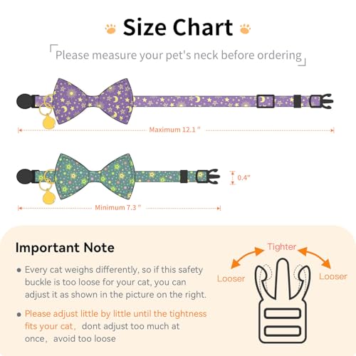 2 Pack Cotton Cat Collar with Bow Tie and Bell for Girl Boy Cats,Cute Pink Flamingo and Blue Whale Pattern Spring Summer Breakaway Cat Collar for Male Female Cats (Star&Moon) - color: Star&Moon