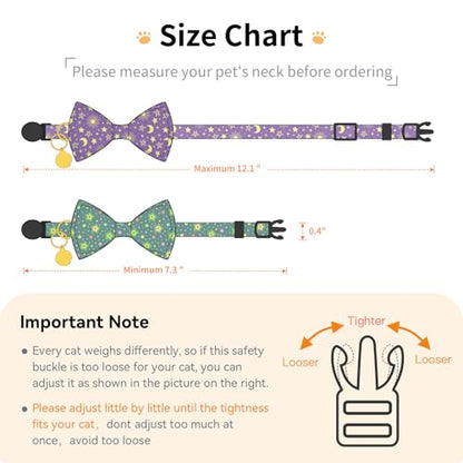 2 Pack Cotton Cat Collar with Bow Tie and Bell for Girl Boy Cats,Cute Pink Flamingo and Blue Whale Pattern Spring Summer Breakaway Cat Collar for Male Female Cats (Star&Moon) - color: Star&Moon