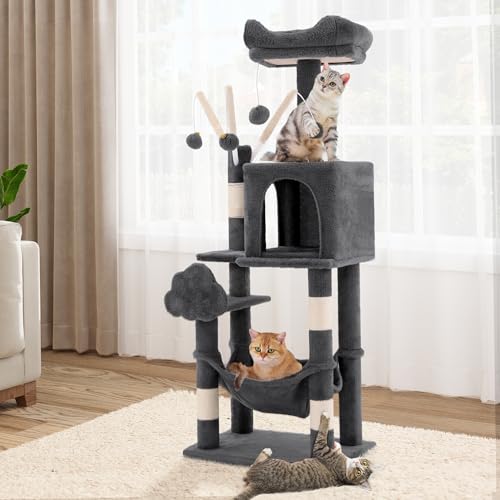 YITAHOME 44in Multi-Level Cat Tree for Indoor Kittens, Cat Furniture with Scratch Posts, Window Padded Plush Perch, Comfortable Hammock, and Interactive Pompoms, Dark Gray - color: Dark Gray, size: 44inch