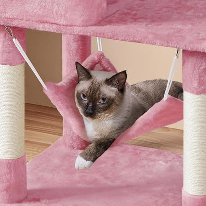 Yaheetech 64.5in Extra Large Cat Tree, Multi-Level Sturdy Tower with 2 Perches, 2 Condos, 5 Sisal Scratching Posts, Hammock Basket & Dangling Balls, Ideal for Large Kitty Multi-Cat Households, Pink - color: Pink, size: 64.5in