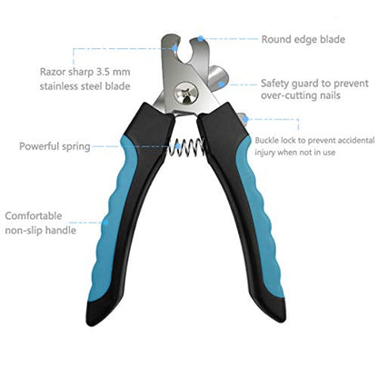 Pet Nail Clippers and Trimmers Set Safety Guard to Avoid Over Cutting Razor Sharp Blades Grooming Tool for All Small Large Dog Cat (Blue/Black) - color: Blue/Black