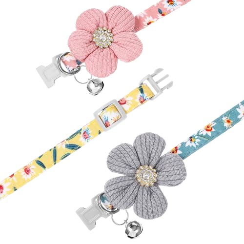 TIESOME 3Pack Small Dog Collar with Flower, Cute Puppy Collars Dog Collars for Small Dogs with Bell for Female Puppy (Peach, Yellow, Peacock Blue)