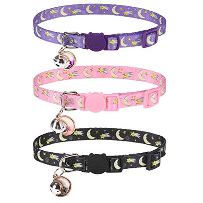 Breakaway Cat Collars with Bell & Cute Pendants, 3 Pack Safety Buckle Kitten Collars, Adjustable Pet Collar Ideal for Girl Boy Cats Puppy (Moon&Star) - color: Style A - Moon