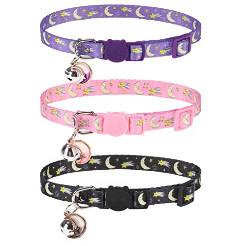 Breakaway Cat Collars with Bell & Cute Pendants, 3 Pack Safety Buckle Kitten Collars, Adjustable Pet Collar Ideal for Girl Boy Cats Puppy (Moon&Star) - color: Style A - Moon