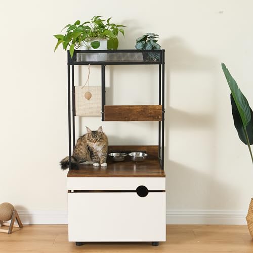 Cat Litter Box Enclosure Cat House Cat Washroom Furniture Cat Cabinet with Storage Shelf, Cat Tree Tower, White+Vintage