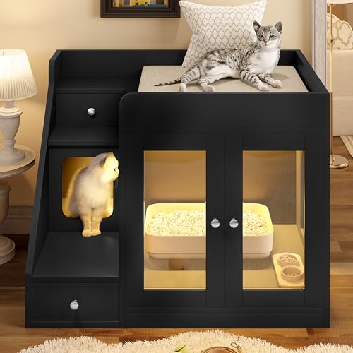 Merax Cat Litter Box Enclosure Furniture with Light,Hideaway Litter Box Furniture with 2 Storage Drawers for Living Room,Black - color: Black
