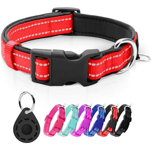 Reflective Dog Collar with Airtag Holder, Soft Neoprene Padded Pet Collar with ID Tag Ring, Adjustable for Small Dogs,Red,S - color: 6#Red（with AirTag Holder）, size: Small (Pack of 1)