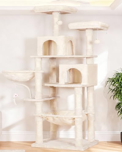 Heybly Cat Tree, 70 inches Tall Cat Tower condo with Toy for Indoor Large Cats, Cat House Furniture with Padded Plush Perch, Cozy Hammock and Sisal Scratching Posts,Beige HCT032M - color: Beige, size: 70.08 inch