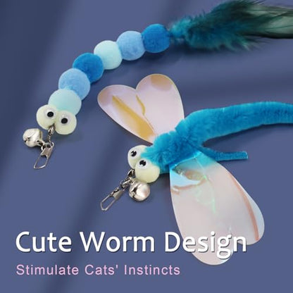 Cat Wand Toys for Indoor Cats - Cat Toy Set with Retractable Teaser Wand and 6 PCS Fairy Feather Toy Refills, Dragonfly Tassel Plush Cat Toys Interactive, Blue - color: Blue