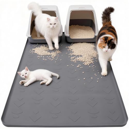 Extra Large Cat Litter Mat, 40" x 28" Cat Litter Box Mat, Silicone Litter Trapping Mat, Soft on Kitty Paws & Easy to Clean for Floor, Waterproof/Urineproof Litter Pad for Indoor Cats - size: 40" × 28"