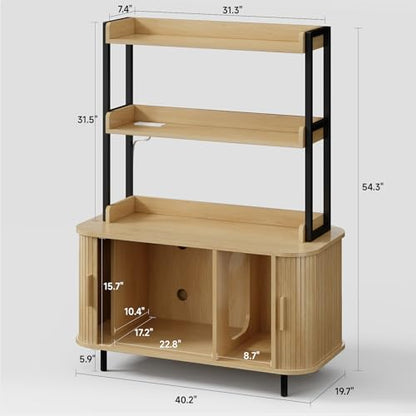 ONBRILL 54 Inch Hidden Litter Box Furniture with Shelves and Outlets,Fluted Cat Litter Box Enclosure, Mid-Century Modern Wooden Cat House with Sliding Tambour Door and Hooks, Oak - color: Oak