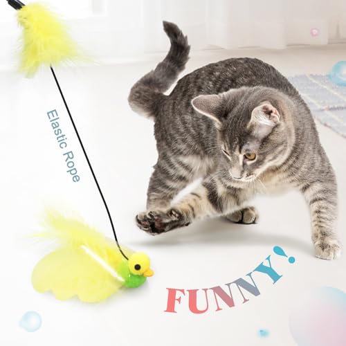Cat Feather Wand Toy - Cat Teaser Toy Wand with 4 Flexible Feather Teaser Refills, Interactive Cute Tassel Cat Toys for Indoor Cats Kittens - color: Plants