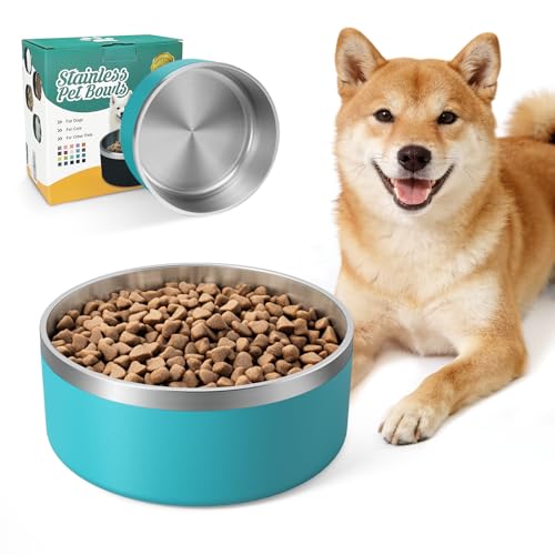 IKITCHEN Dog Bowl for Food and Water, 64 Oz Stainless Steel Pet Feeding Bowl, Durable Non-Skid Double Wall Insulated Heavy Duty with Rubber Bottom for Medium Large Dogs (64 Ounces/8 Cup, Lakeblue) - color: LakeBlue, size: 64 Ounces