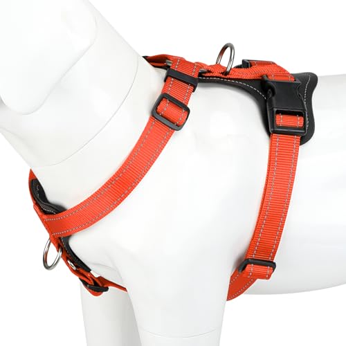 Plutus Pet Adjustable No Pull Dog Harness with Leather Accents, Heavy Duty Reflective Nylon Vest for Training, Hiking, Easy Walk Harness for Small, Medium, Large Dogs (Orange, M) - color: Orange, size: M