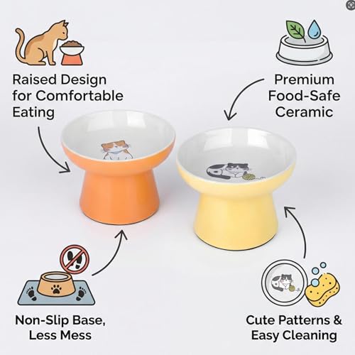 Elevated Cat Bowls,2 Pcs Ceramic Raised Cat Food Bowls with Non-Slip Base,Whisker-Friendly Shallow Design,Lead & Cadmium Free Pet Feeder,Dishwasher and Microwave Safe (Orange&Yellow) - color: Orange&Yellow