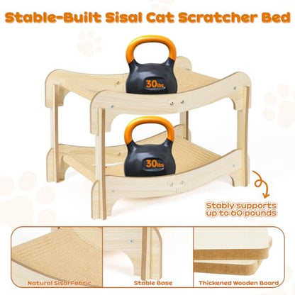 Two-Tier Sisal Cat Scratcher Bed Durable Cats Hammock Lounge for Scratching Pad, Wood Scratch Board for Indoor Kittens & Adult Cats, Easy Assembly Cats Furniture