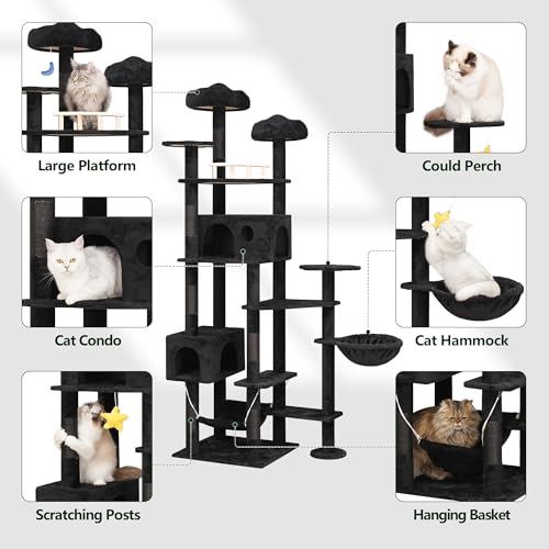 Meecal 79inch Giant Cat Tree for Heavy Duty Big Cats, Multi-Level Luxury Cat Tower with Scratching Post, Cat Condo with Hammocks & Plush Perches for Indoor Cats Large Adult, Black - color: Black
