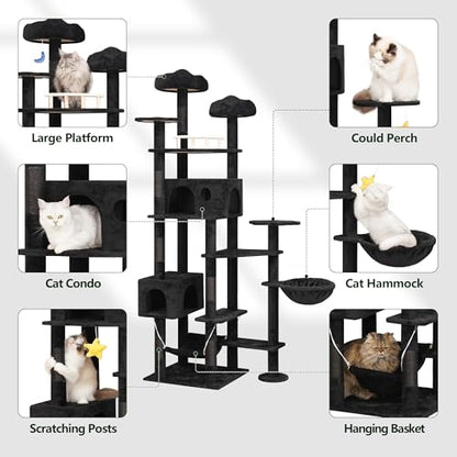 Meecal 79inch Giant Cat Tree for Heavy Duty Big Cats, Multi-Level Luxury Cat Tower with Scratching Post, Cat Condo with Hammocks & Plush Perches for Indoor Cats Large Adult, Black - color: Black