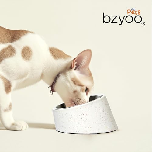 bzyoo 16oz Tilted Dog Bowl for Small Dogs & Cats, 15° Elevated Stainless Steel Pet Feeder, Ergonomic Anti-Vomiting Food Bowl for Frenchie, Pug, Persian Cat, Non-Skid Melamine Stand, Sprinkle (Blue) - color: Blue