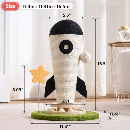 Cat Scratching Post, Rocket Cute Sisal Cat Scratcher with Durable Solid Wood Turntable Toy, Cat Scratch Post Red Cat Scratcher with Spinning Star Toy for Indoor Adult Cats - color: Black Rocket