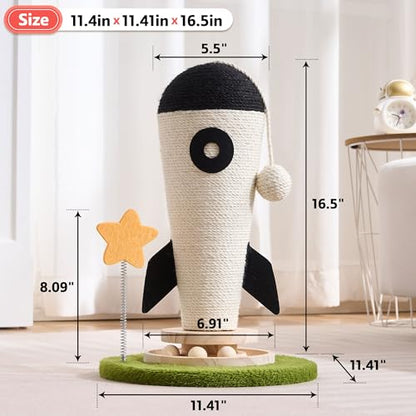 Cat Scratching Post, Rocket Cute Sisal Cat Scratcher with Durable Solid Wood Turntable Toy, Cat Scratch Post Red Cat Scratcher with Spinning Star Toy for Indoor Adult Cats - color: Black Rocket
