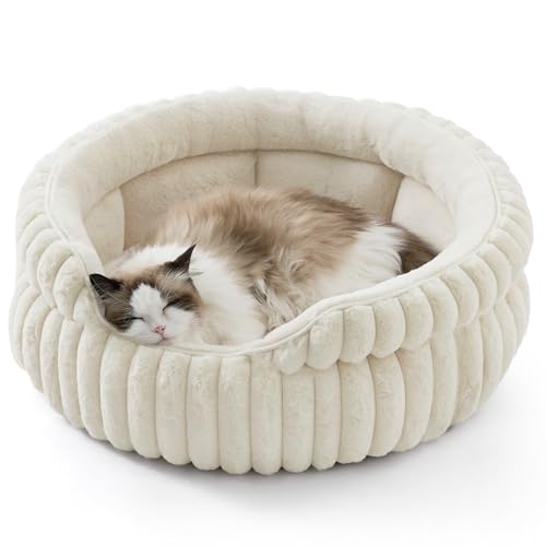 Bedsure ComfyFleece™ Cat Bed, Washable Round Cute Cat Beds for Indoor Cats, Super Soft Corduroy Pet Bed for Puppy and Kitten with Anti-Slip Bottom, 23''x23''x8.5'', Cream - color: Cream, size: 23''x23''x8.5''