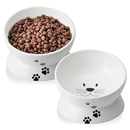 Cat Food Bowls, 10 OZ Elevated Cat Bowls for Cats and Small Dogs, Tilted Pet Feeder Bowl with Raised Stand Protect Cat's Spine, Ceramic Cat Water Bowl No-Spill, Stress Free Cat Dish 2pcs - color: White*2