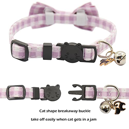 Bowtie Cat Collars Breakaway with Bell, Adjustable Cute Kitty Collars Safety Buckle Kitten Collar for Cat Puppy 7.5-11in (Purple Plaid) - color: Purple Plaid