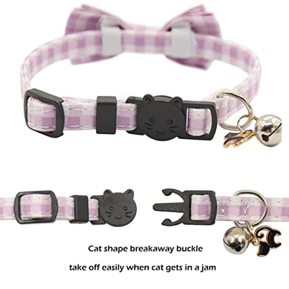 Bowtie Cat Collars Breakaway with Bell, Adjustable Cute Kitty Collars Safety Buckle Kitten Collar for Cat Puppy 7.5-11in (Purple Plaid) - color: Purple Plaid