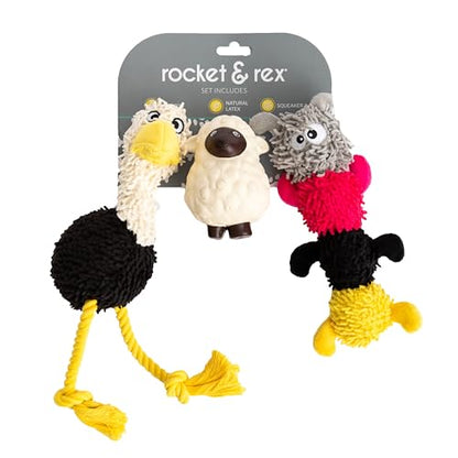 rocket & rex Dog Chew Toy Set for Small to Medium Breeds, Includes a Rope Toy, Rubber Squeaker and Plush Toys with Ball, Reduces Destructive Chewing & Anxiety (Pack of 3)