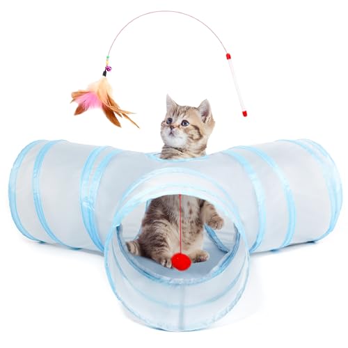 Tempcore Pet Cat Tunnel Collapsible Toy, 3-Way Kitty Tunnel with Peek Hole & Ball - Indoor Play Tube for Cats, Kittens, Puppy, Rabbit - Light Grey Boredom Relief Toy - color: 3-Way Light Grey, size: 3-way