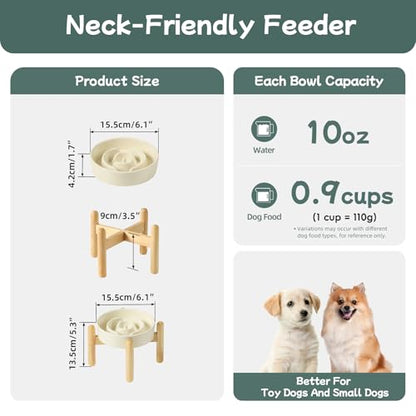 Havniva 6.1” Raised Slow Feeder Dog Bowls, 0.9 Cups Ceramic Dog Bowl Slow Feeding for Small Breed, Elevated Puzzle Dog Food Bowl with Wooden Stand Non-Slip Anti-Gulping & Anti-Choking - color: 1 x Light Yellow+Stand-A, size: 6.1inch-New