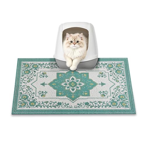 Cat Litter Mat, 24" x 16" Litter Box mat, Traps 100% Litter, Non-Slip Kitty Litter Trapping mats, Small Cute Litter mat, Easy Clean for Scatter Control, Bohe cat Food mat, Urine Waterproof - color: Green Forest, size: Small（24"x16"）