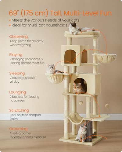 Feandrea Cat Tree, 69-Inch Tall Cat Tower, Multi-Level Plush Condo with 2 Caves, 2 Baskets, 5 Scratching Posts, Self-Groomer, Perch, Hammock, Sand Beige UPCT182Y01 - color: Sand Beige