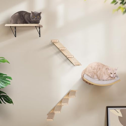 Cat Wall Shelves with Cats Window Perch – 4-Piece Wooden Cat Climbing Furniture Set with Soft Foam Curved Bed, Flat Shelf & 2 Wall 4-Steps Ladders - color: Foam/Felt-Wood, size: 1 Curved Bed 1 Shelf 2 Ladders