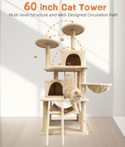 Cat Tree 60.63 inches Cat Tower for Indoor Cats, Multi-Level Cat Condo Furniture with Scratching Posts, Plush Perches, Activity Center with Cozy Basket & Hammock for Cats(Beige) - color: Beige