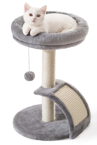 Goozii Small Cat Tree Tower with Scratching Post, Modern Kitten Tower for Indoor Cats, Short Carpet Sisal Cat Scratcher Stand with Large Bed Perch, Scratch Ramp, Toy Ball for Kitty Play (Grey) - color: Grey, size: Small
