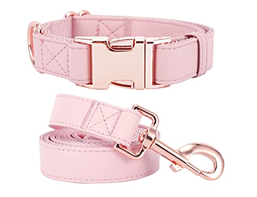 Dog Collar and Leash Set.Soft and Easy to Clean Vegan Leather with Rose Gold Metal Buckle for Small Medium Large Dogs (Pink, XS(8"-12")) - color: Pink, size: XS