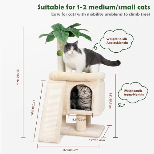 Meowoou Palm Cat Tree Tower for Indoor Cats with Cozy Cat Condo, 33'' Natural Sisal Scratching Posts and Plush Pom-pom for Small Kitty - size: 33 in Cat Tree