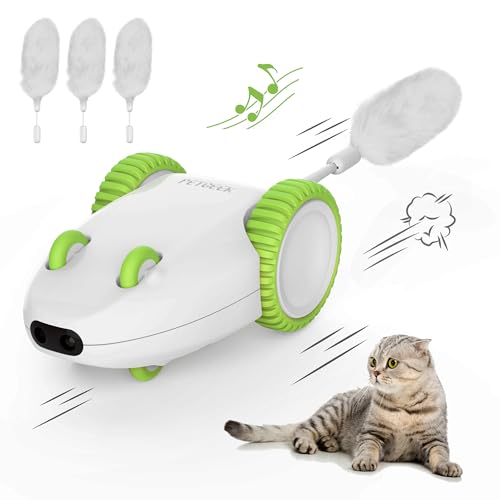 PETGEEK Automatic Cat Mouse Toys Interactive Cat Toys for Indoor Cats, Smart Sensing Moving Electric Cat Toys with Catnip Wand, USB Rechargeable Remote Control Squeaky Mouse Cat Toy, 3 Catnip Tails - color: Green