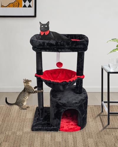 SYANDLVY Gothic Cat Tree with Coffin Bed for Indoor Cats, Small Cat Tower with Scratching Post, Modern Activity House Condo with Cradle, Kittens Cave, Black & Red - color: Black & Red