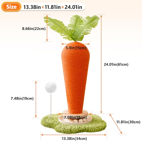Cute Cat Scratching Post, Carrot Cat Scratcher Post with Durable Natural Wooden Turntable Toy and Catnip, 24'‘ H Carrot Shape Design Sisal Cat Tree Sisal Scratcher for Indoor Cats (Cloud Base) - color: Carrot