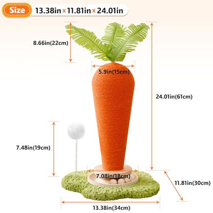 Cute Cat Scratching Post, Carrot Cat Scratcher Post with Durable Natural Wooden Turntable Toy and Catnip, 24'‘ H Carrot Shape Design Sisal Cat Tree Sisal Scratcher for Indoor Cats (Cloud Base) - color: Carrot