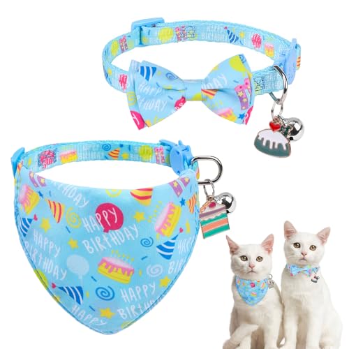 SCENEREAL Cat Bandana Collars for Birthday - 2 Pack Breakaway Kitten Collars with Bell Bowtie, Accessories for Pet Collars, Adjustable Cute Cat Collars for Cats and Small Dogs Boys Girls, (Blue) - color: Bandanas & Bow (Birthday-Blue)