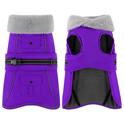 Dog Coat with Pocket, Waterproof Dog Jacket with Adjustable Buckle, Reflective Puppy Winter Coat Warm Turtleneck Fleece SnowJacket for Small Medium Large Dogs - Purple 2XL - color: Purple, size: XX-Large( Chest: 30.7"-39.4", Back:23.6")