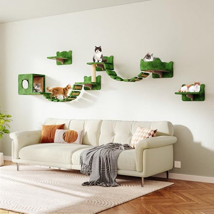 9-in-1 Cat Wall Shelves, Multi-Level Wall Mounted Cats Furniture Set with Plush Fabric, Floor Space-Saving Wooden Cat Climbing Wall Systems with Scratching Post, Bridge Ladder, Condos, Green - color: Green, size: 9-in-1